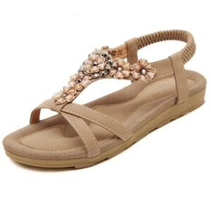Tan slip on Floral gem and bead embellished Women's cushioned Sandals
